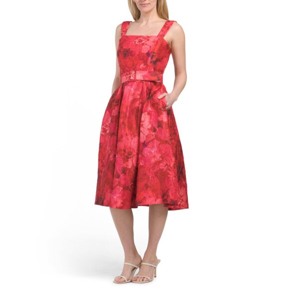 TAHARI ASL Crimson Belted Crinkled Floral Midi Dress